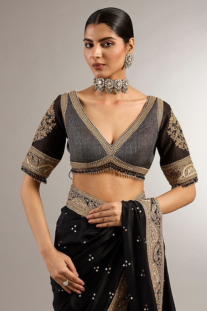 Black Silk Dori Work Wedding Saree Set by Matsya at Pernia's Pop Up Shop