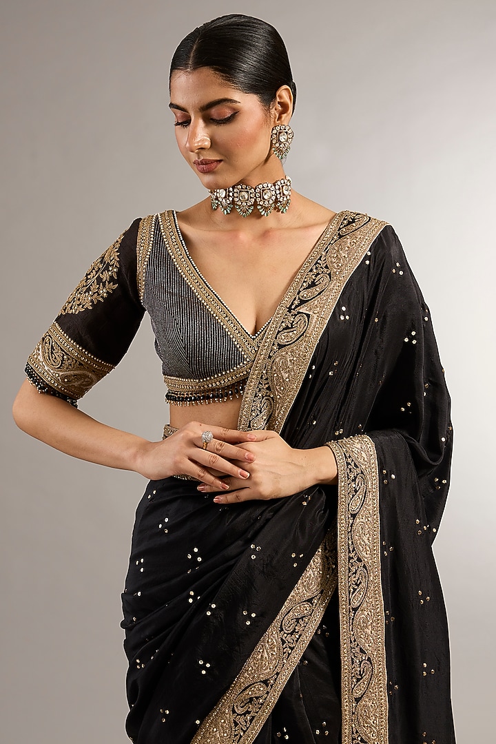 Black Silk Dori Work Wedding Saree Set by Matsya at Pernia's Pop Up Shop