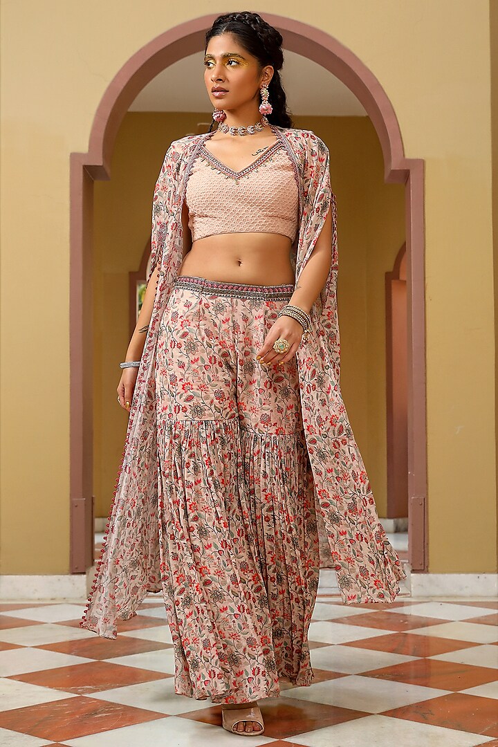 Blush Pink Chanderi Printed Sharara Set by MAVISH
