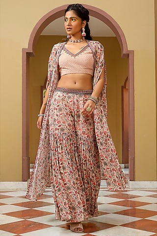 Blush Pink Chanderi Printed Sharara Set by MAVISH