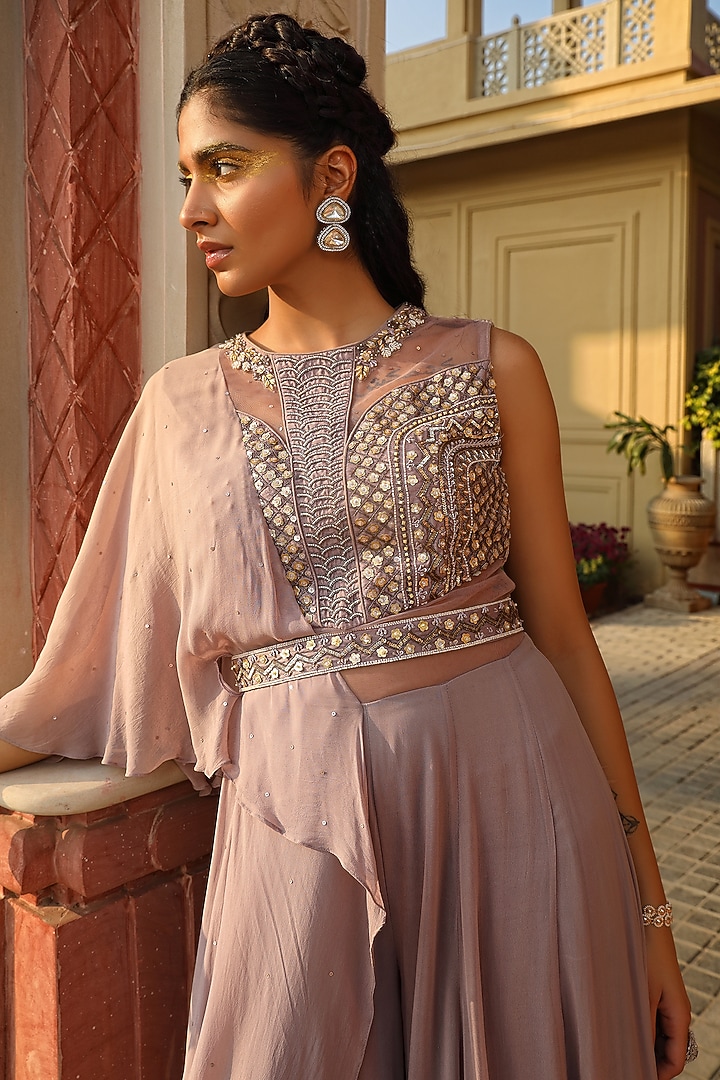 Lavender Georgette & Silk Hand Embellished Draped Jumpsuit Sharara by MAVISH at Pernia's Pop Up Shop
