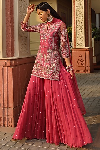 Onion Pink Georgette & Silk Embroidered Sharara Set by MAVISH