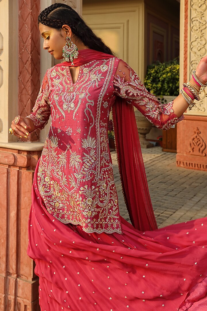 Onion Pink Georgette & Silk Embroidered Wedding Sharara Set by MAVISH at Pernia's Pop Up Shop
