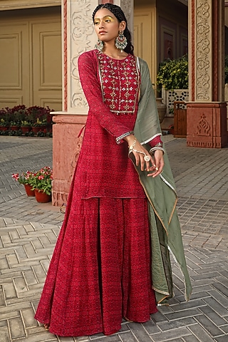 Fuchsia Pink Georgette Printed Sharara Set by MAVISH