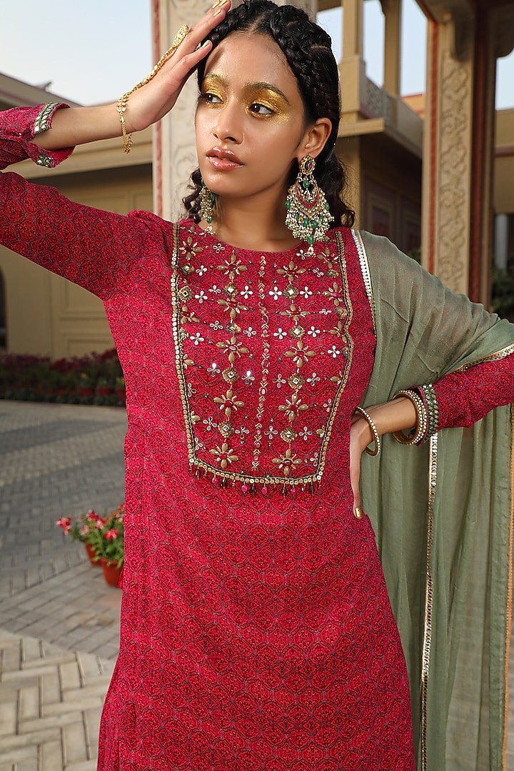 Fuchsia Pink Georgette Printed Party Wear Sharara Set by MAVISH at Pernia's Pop Up Shop