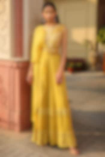 Yellow Georgette & Silk Hand Embellished Draped Jumpsuit Sharara by MAVISH at Pernia's Pop Up Shop