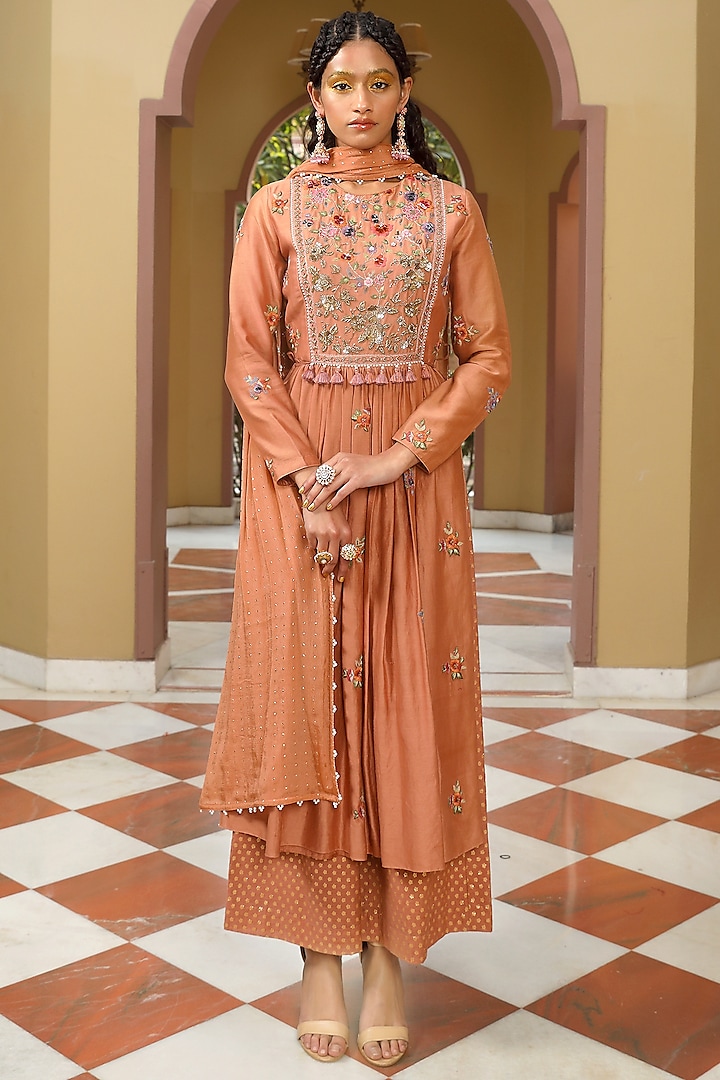 Rust Chanderi Embroidered Anarkali Set by MAVISH at Pernia's Pop Up Shop