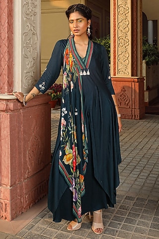 Teal Blue Mul & Georgette Printed Anarkali With Multi-Colored Scarf  by MAVISH