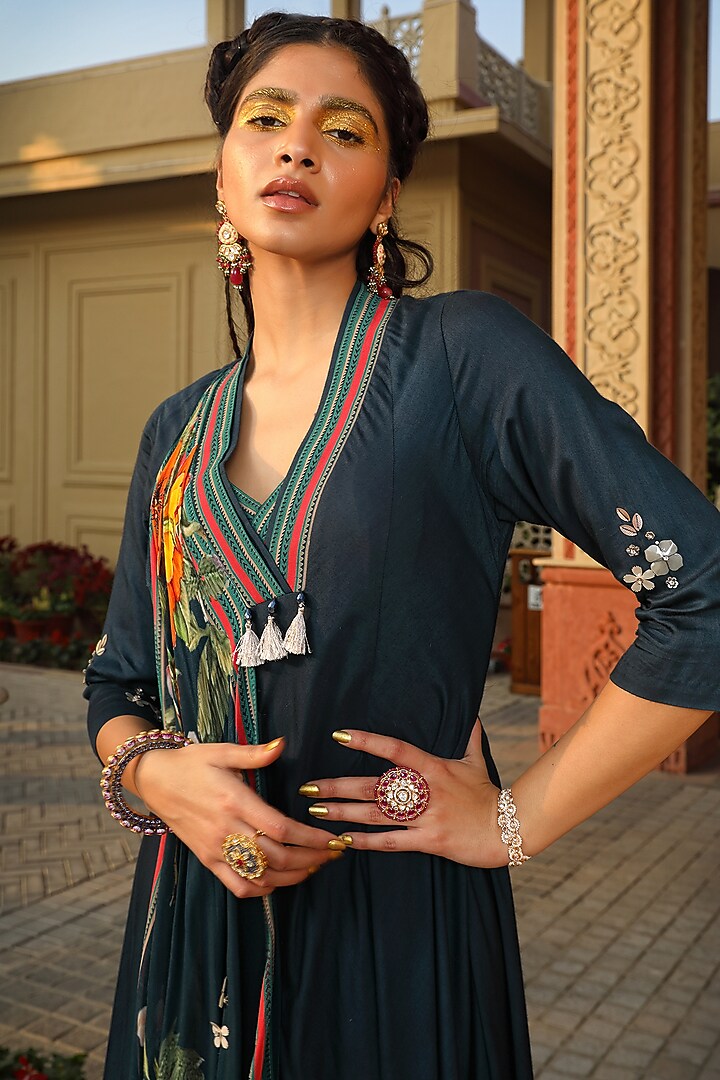 Teal Blue Mul & Georgette Printed Party Wear Anarkali With Multi-Colored Scarf  by MAVISH at Pernia's Pop Up Shop