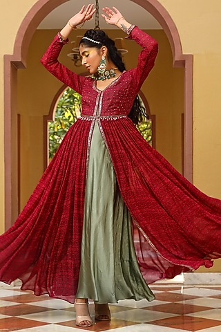 Sage Green Satin & Georgette Anarkali With Fuchsia Jacket by MAVISH