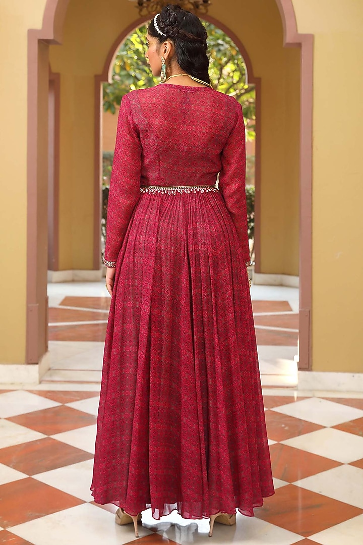 Sage Green Satin & Georgette Party Wear Anarkali With Fuchsia Jacket by MAVISH at Pernia's Pop Up Shop