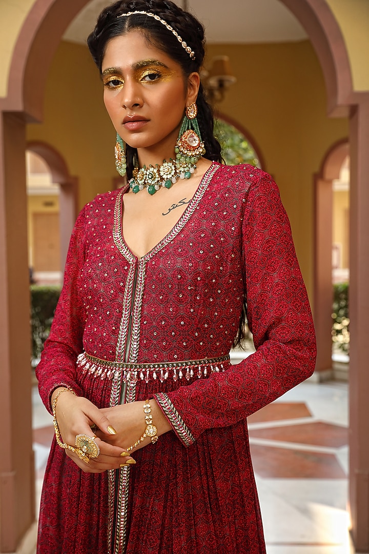 Sage Green Satin & Georgette Party Wear Anarkali With Fuchsia Jacket by MAVISH at Pernia's Pop Up Shop