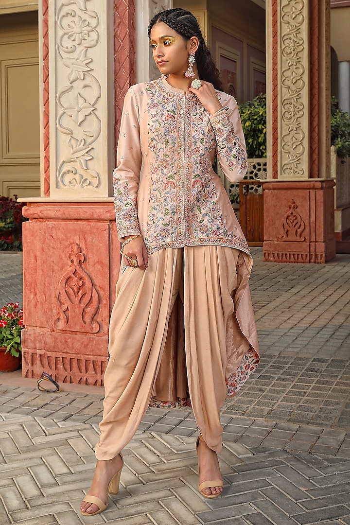 Blush Pink Chanderi & Double Georgette Draped Pant Set by MAVISH at Pernia's Pop Up Shop