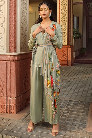 Sage Green Georgette Co-Ord Set With Multi-Colored Scarf by MAVISH