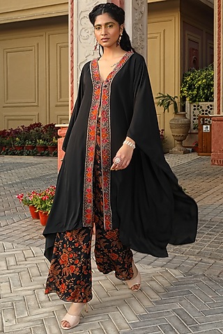 Black Georgette Hand Embellished Kaftan Set by MAVISH