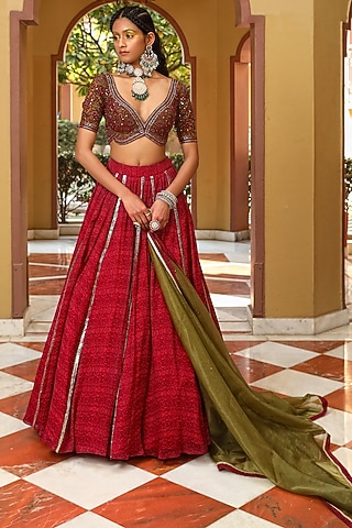 Fuchsia Pink Georgette & Organza Embroidered Lehenga Set by MAVISH