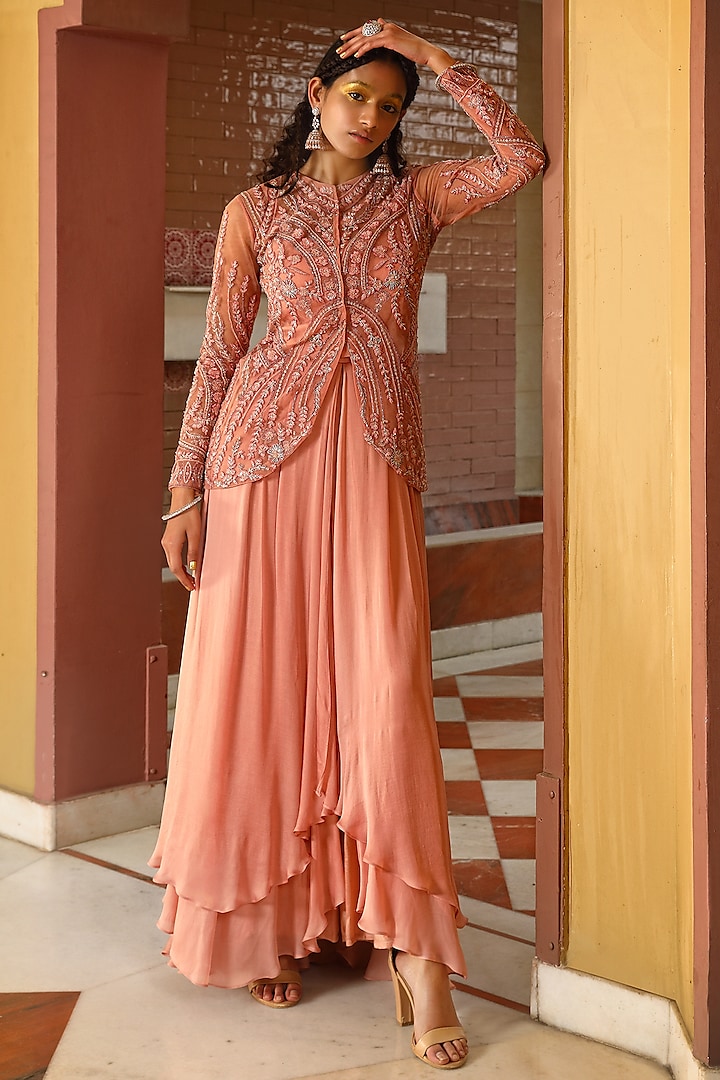 Peach Georgette & Organza Embroidered Gown Sharara With Jacket by MAVISH