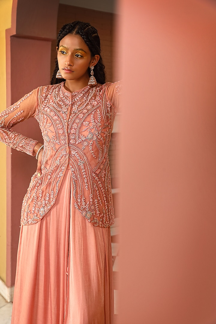 Peach Georgette & Organza Embroidered Engagement Gown Sharara With Jacket by MAVISH at Pernia's Pop Up Shop