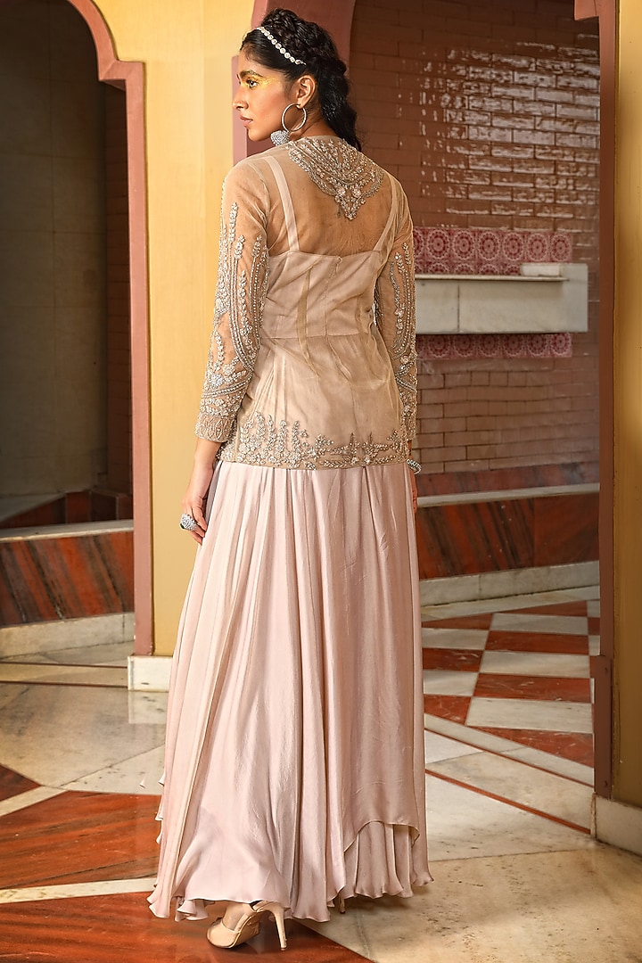 Pink Georgette Embroidered Engagement Gown Sharara With Jacket by MAVISH at Pernia's Pop Up Shop