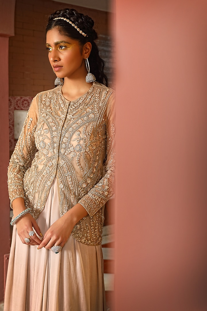 Pink Georgette Embroidered Engagement Gown Sharara With Jacket by MAVISH at Pernia's Pop Up Shop