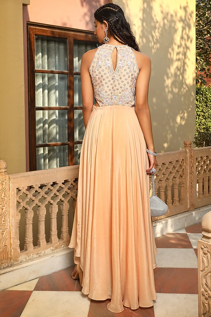 Champagne Gold Georgette & Satin Embroidered Wedding Anarkali Set by MAVISH at Pernia's Pop Up Shop