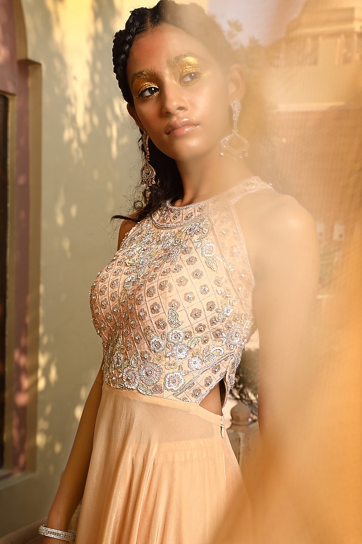 Champagne Gold Georgette & Satin Embroidered Wedding Anarkali Set by MAVISH at Pernia's Pop Up Shop