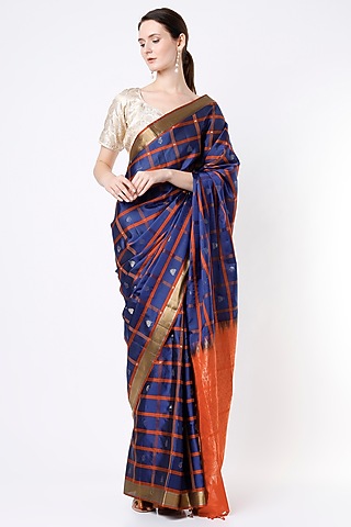 Navy Blue Silk Checkered Saree by Mavuri