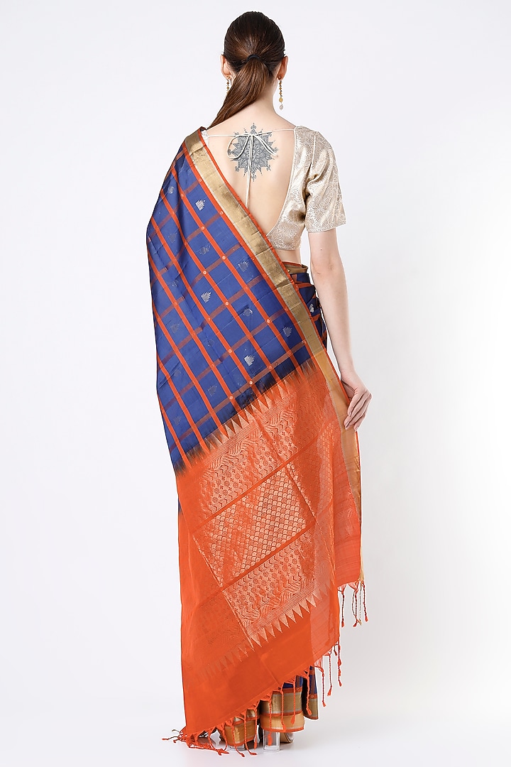 Navy Blue Silk Checkered Party Wear Saree by Mavuri at Pernia's Pop Up Shop