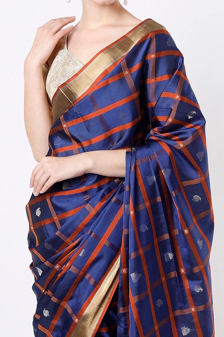 Navy Blue Silk Checkered Party Wear Saree by Mavuri at Pernia's Pop Up Shop