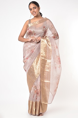 Onion Pink Organza Printed Saree by Mavuri