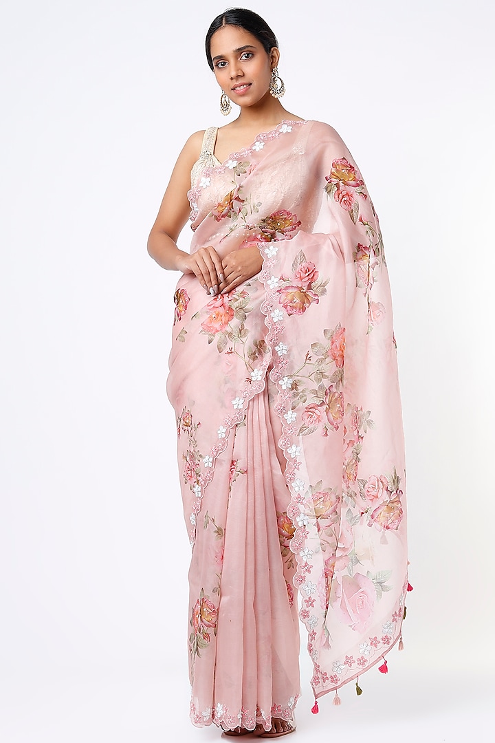 Pink Floral Printed Saree by Mavuri