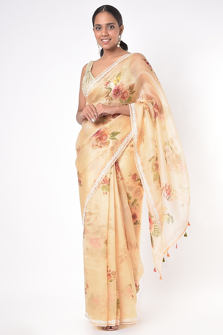 Peach Embroidered & Printed Saree by Mavuri