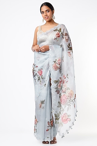 Powder Blue Organza Floral Printed Saree by Mavuri