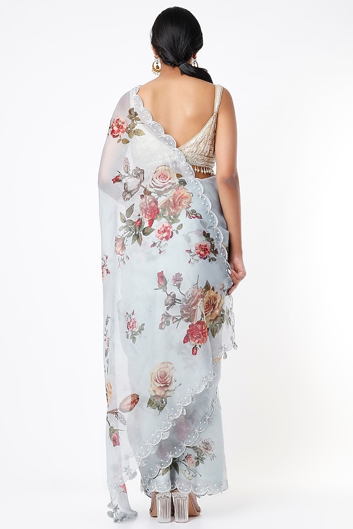 Powder Blue Organza Floral Printed Party Wear Saree by Mavuri at Pernia's Pop Up Shop