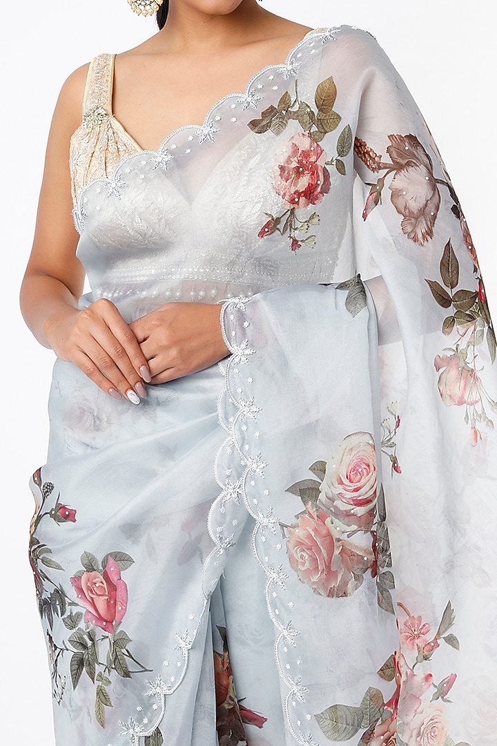 Powder Blue Organza Floral Printed Party Wear Saree by Mavuri at Pernia's Pop Up Shop