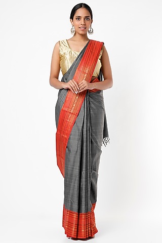 Salem Black Striped Kanchipuram Silk Saree by Mavuri