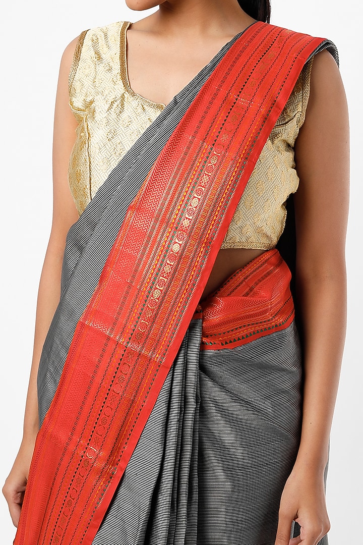 Salem Black Striped Kanchipuram Silk Party Wear Saree by Mavuri at Pernia's Pop Up Shop