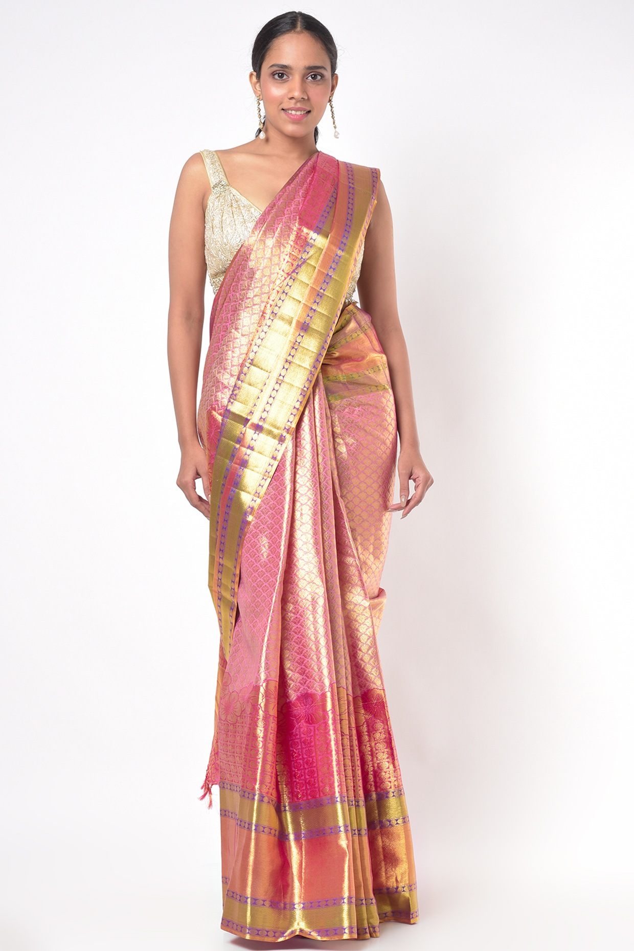 Yellow and Rani Pink All-Over Design Kanchi Silk Saree | ViBha