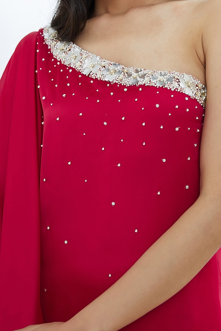 Rani Pink Embroidered One Shoulder Cocktail Dress by Mandira Wirk - Indian at Pernia's Pop Up Shop