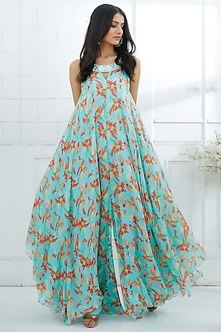 Aqua Blue Printed & Embroidered Jumpsuit by Mandira Wirk - Indian