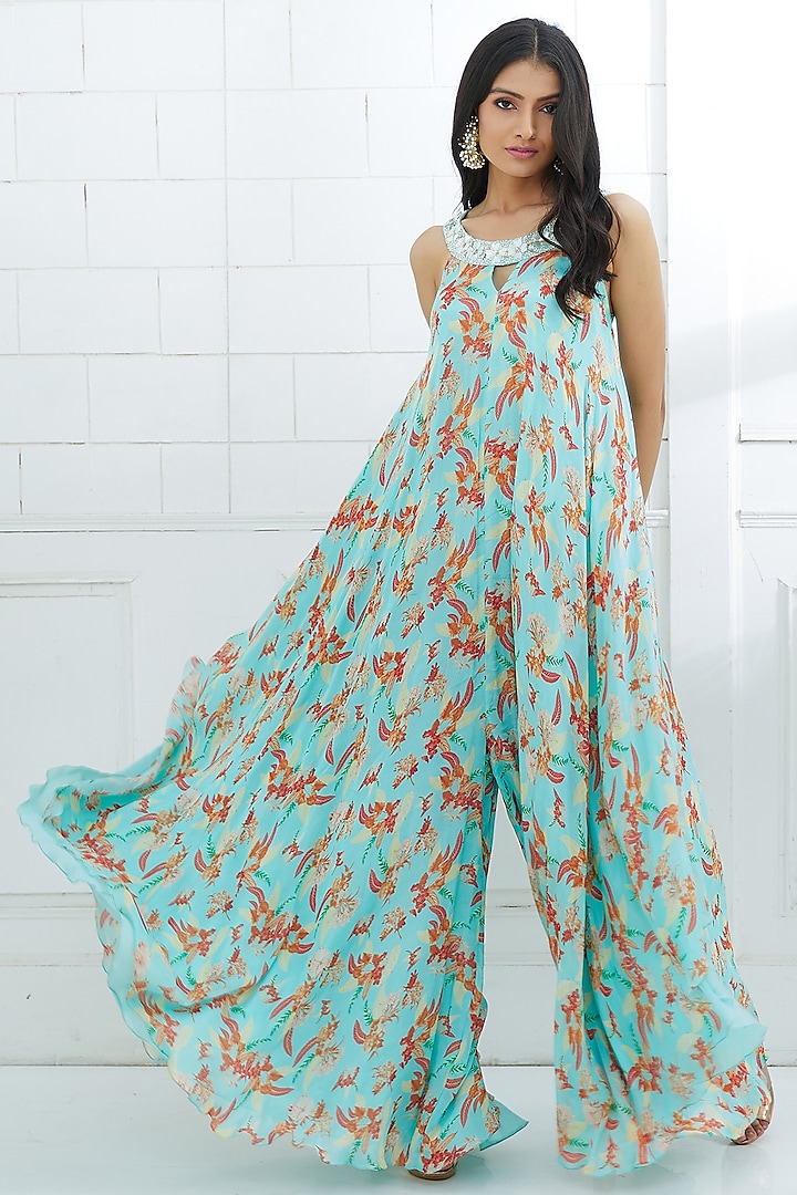 Aqua Blue Printed & Embroidered Jumpsuit by Mandira Wirk - Indian at Pernia's Pop Up Shop