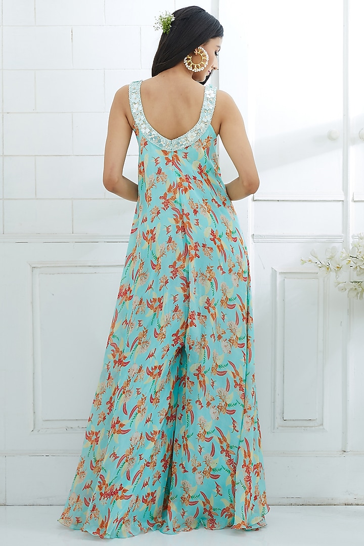 Aqua Blue Printed & Embroidered Jumpsuit by Mandira Wirk - Indian at Pernia's Pop Up Shop
