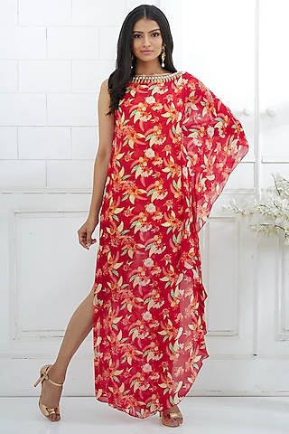 Red Printed & Embroidered Kaftan Dress by Mandira Wirk - Indian
