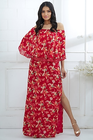 Red Printed Cape Dress by Mandira Wirk - Indian