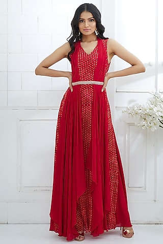 Red Printed & Embroidered Cape Dress by Mandira Wirk - Indian