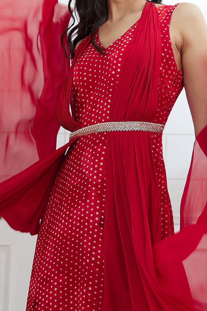 Red Printed & Embroidered Cape Cocktail Dress by Mandira Wirk - Indian at Pernia's Pop Up Shop