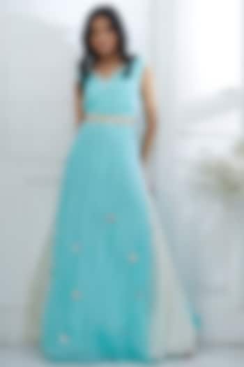 Aqua Blue Embroidered Chiffon Cocktail Dress by Mandira Wirk - Indian at Pernia's Pop Up Shop