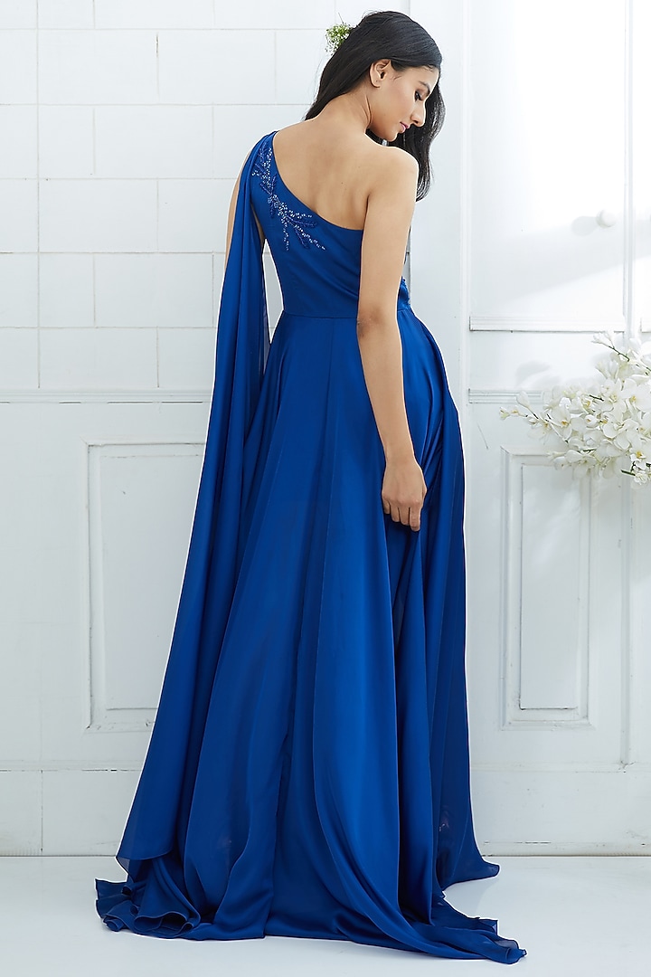 Blue Embroidered Drape Gown by Mandira Wirk - Indian at Pernia's Pop Up Shop