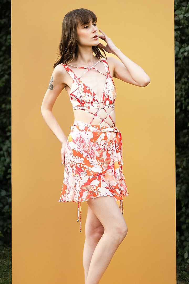 Orange Printed Bodysuit With Sarong by Mandira Wirk - Resort at Pernia's Pop Up Shop