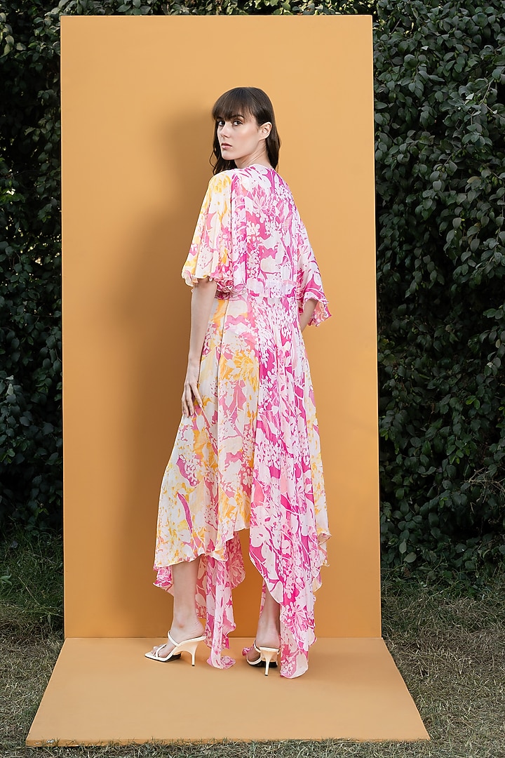 Pink Printed Bodysuit With Cape by Mandira Wirk - Resort at Pernia's Pop Up Shop